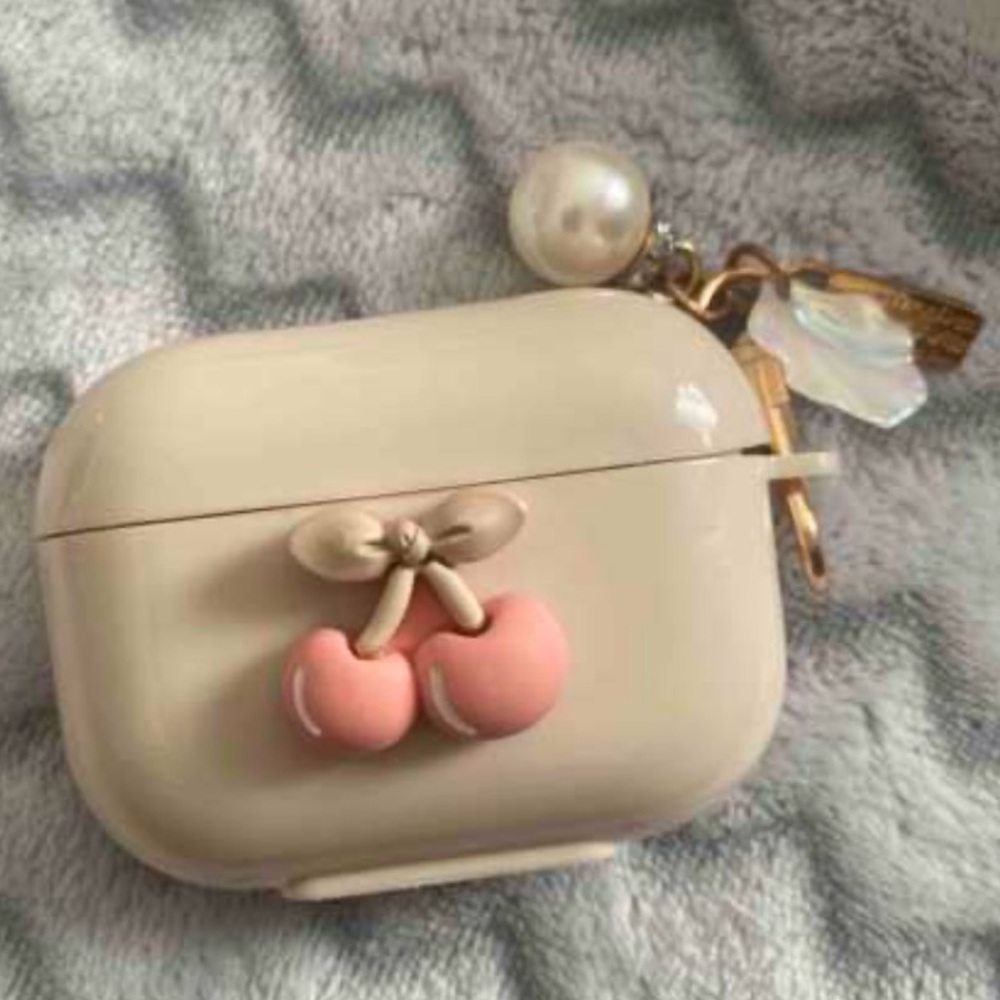Cream AirPods Pro 2nd Generation Case with Pink Cherry Charm